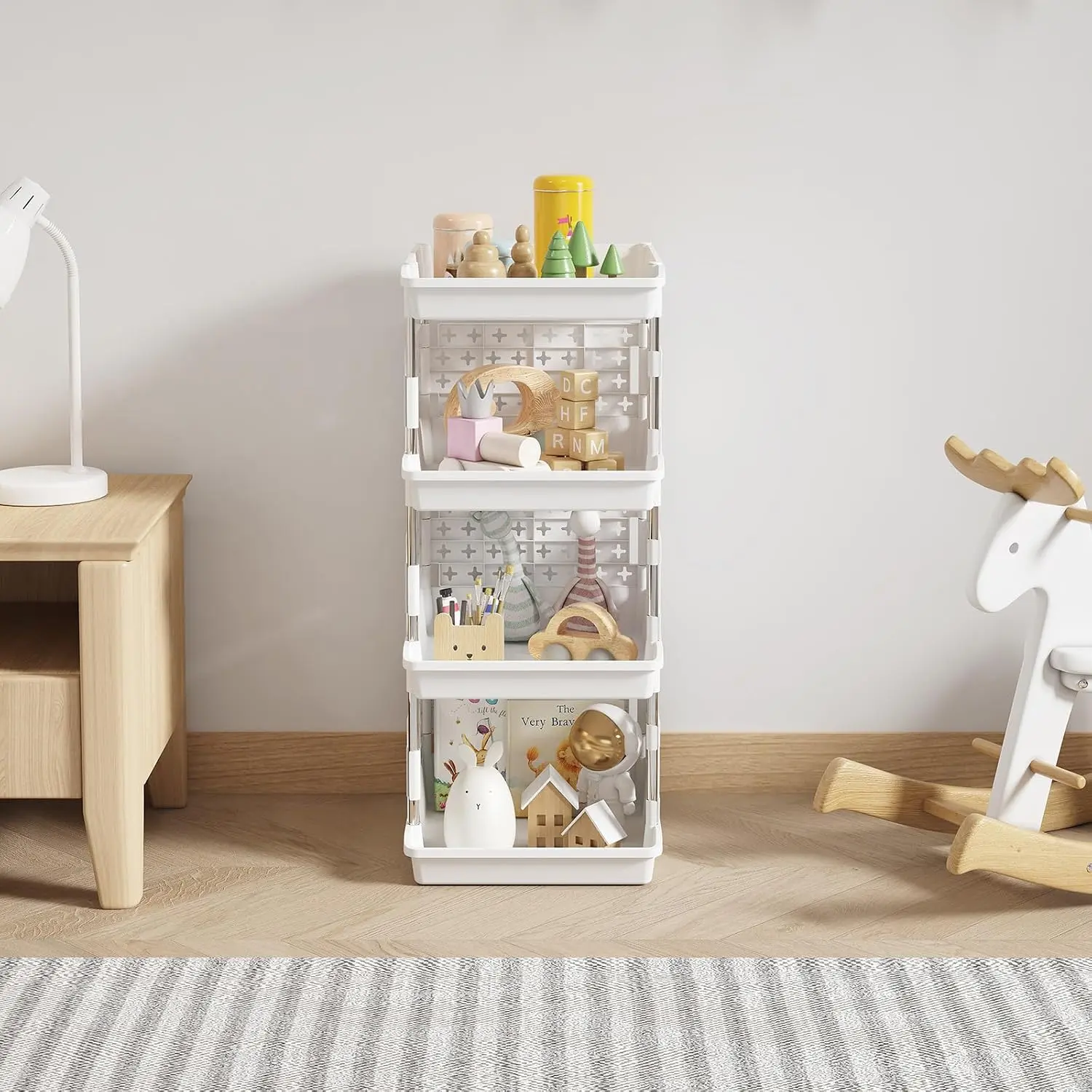 Lifewit Plastic Stackable Storage Baskets, 4 Tier Stacking Bins for Food and Clothes, Multifunctional Organizer for RV, Kitchen, Playroom, Pantry and Bathroom, 13.8"D x 11.8"W x 28.3"H, 1 Pack, White