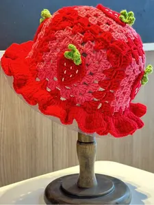 Women's Handmade Crochet Strawberry Pattern Fisherman Hat, Autumn Winter Warm Cute Knitted Beanie, Fashion Hollow Out Ruffle Cap, Handcrafted Cap, Knit Hats