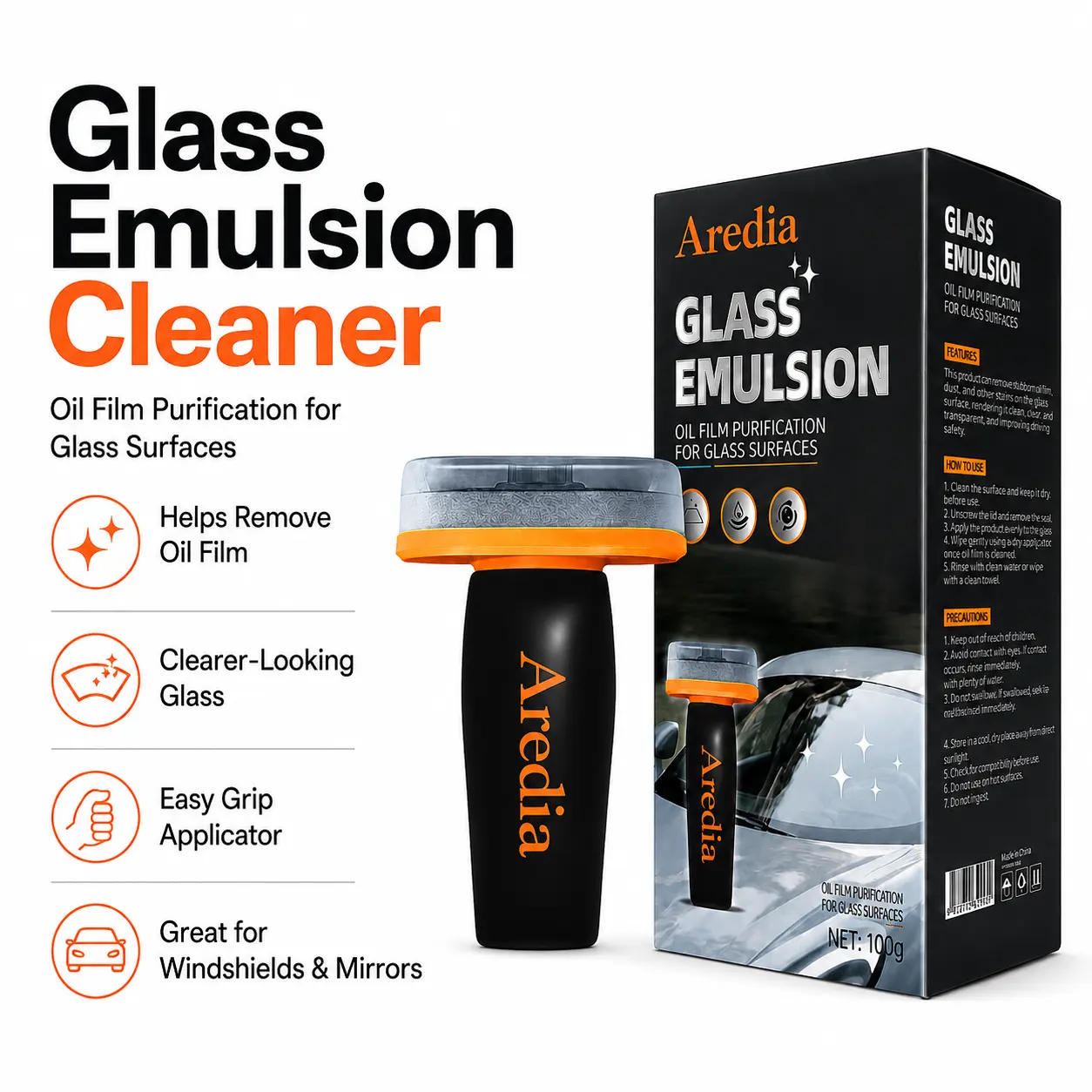 Aredia Automotive Glass Oil Film Cream, 100g Fast Decontamination Cleaner for Car Windows, Streak-Free & Compact