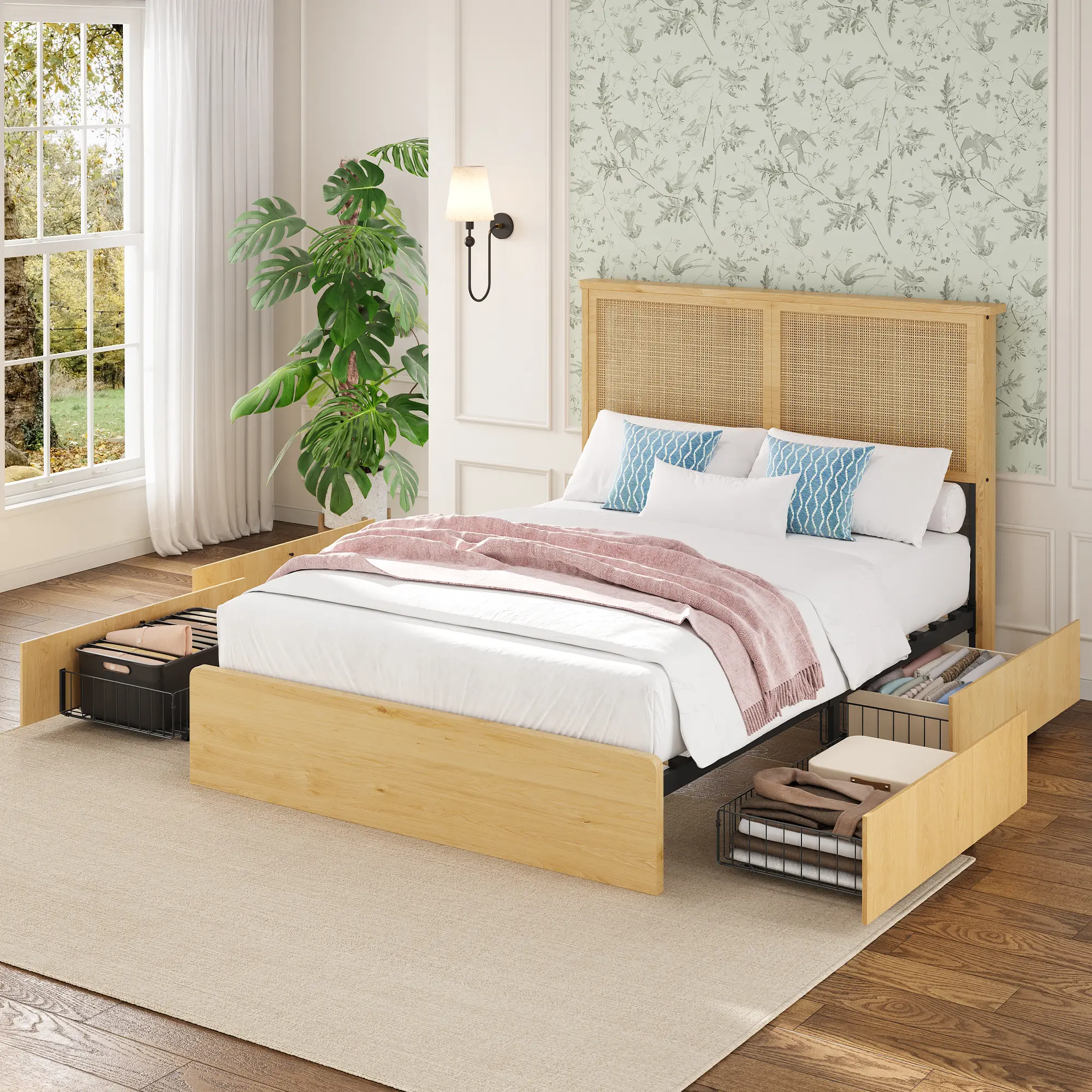 Natural Rattan Headboard Full Sized Platform Bed Frame with LED Lights - Noise-Free Design, Wooden Slats, Support Legs, Tool-Free Setup, No Box Spring Needed, Full Sized Bed, Platform Beds