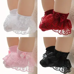 6 Pairs Baby Girls Lace Ruffled Mid-Calf Socks - Breathable Polyester Blend, Double-Layer Lace Trim, Elastic Opening for Secure Fit, Machine Washable, All-Season Wear - Cute Princess Dance Socks for Everyday & Special Occasions (White, Pink, Red), Decorat