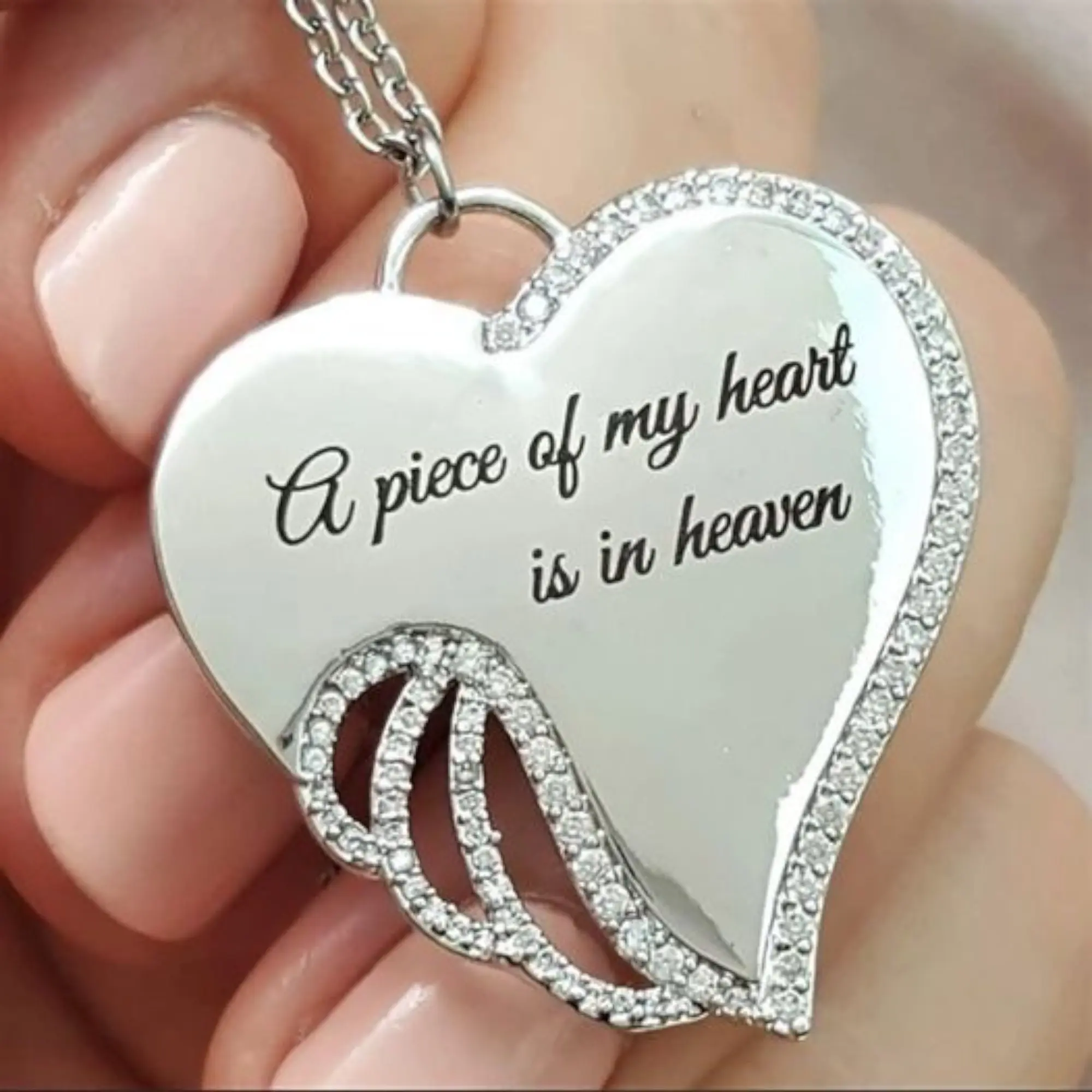 Angel Wing Heart Love Diamond Letter Pendant Necklace - 'A Piece of My Heart is in Heaven'