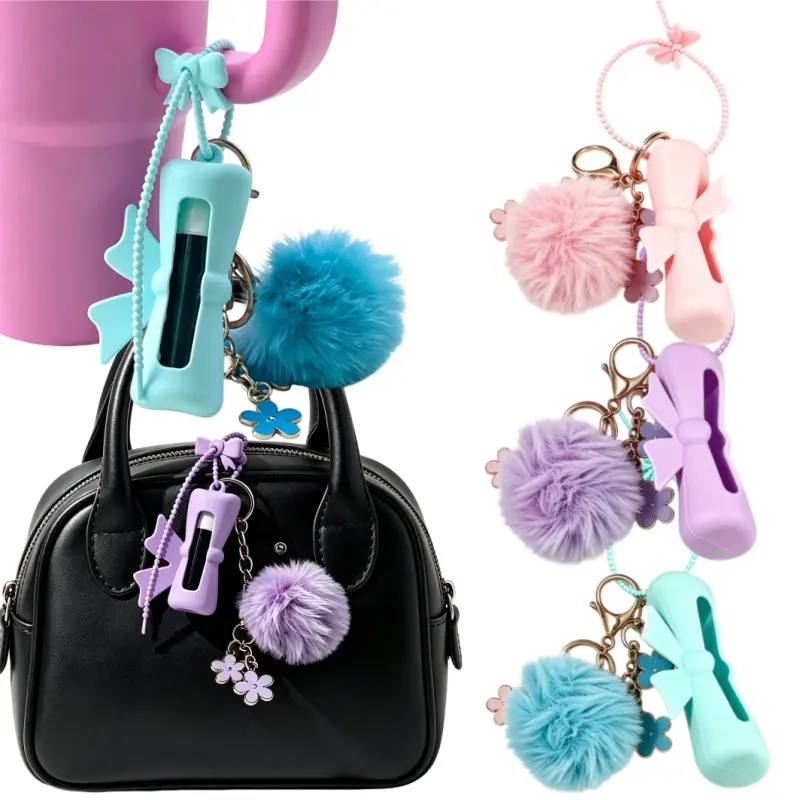 Lip Balm Holder Keychain with Plush Pom-pom Charm Portable Lipstick Case Bag Charm, Preppy Aesthetic Small Lip Gloss Pouch Key Ring Gift for Teen Girls Women-MM