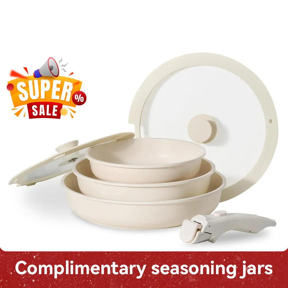 Jeetee 6pcs Frying Pan Set Non-Stick with Lid & Detachable Handle 8/9.5/11 Inch Oven Safe PFOA Free Beige Skillet Induction Cookware Set