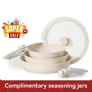 Jeetee 6pcs Frying Pan Set Non-Stick with Lid & Detachable Handle 8/9.5/11 Inch Oven Safe PFOA Free Beige Skillet Induction Cookware Set