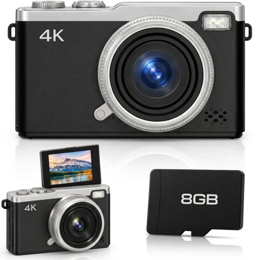 Compact Digital Camera with 4K Video and 8GB SD Card, 180 Degree Flip Screen, 64MP Interpolated Photo Resolution, 16X Digital Zoom, 2.4 Inch Display, Type C Rechargeable Camera