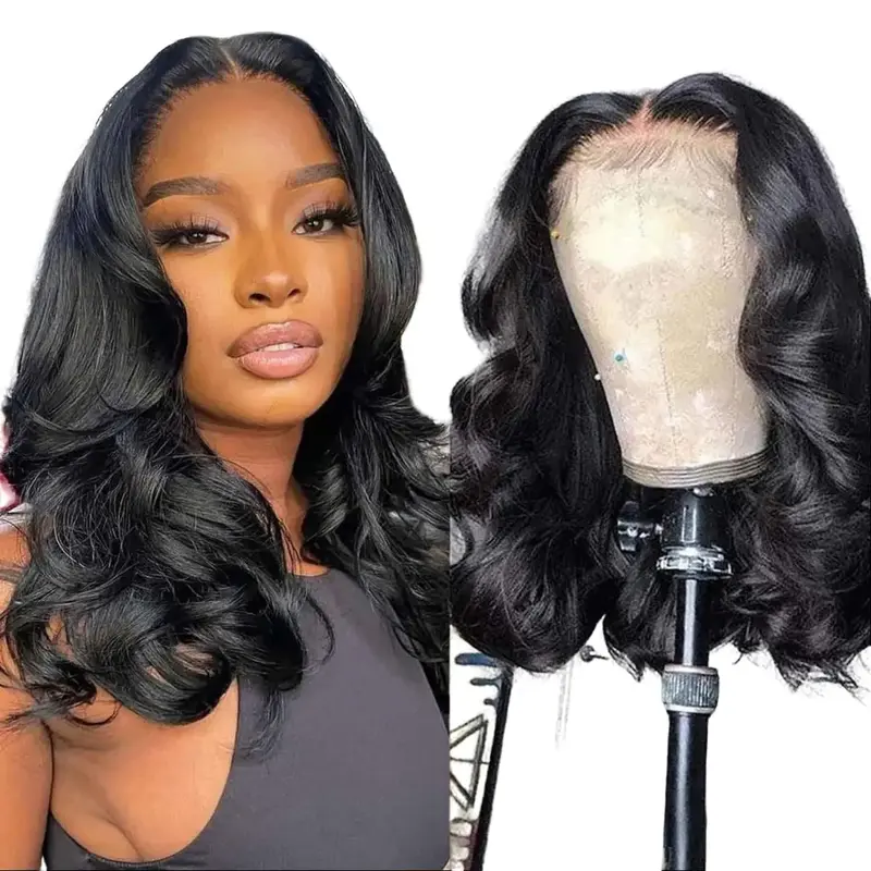Bob Wig Human Hair 13x6 Body Wave HD Lace Front Wigs Human Hair 200% Density Glueless Short Bob Wigs for Black Women Natural Black 14 inch