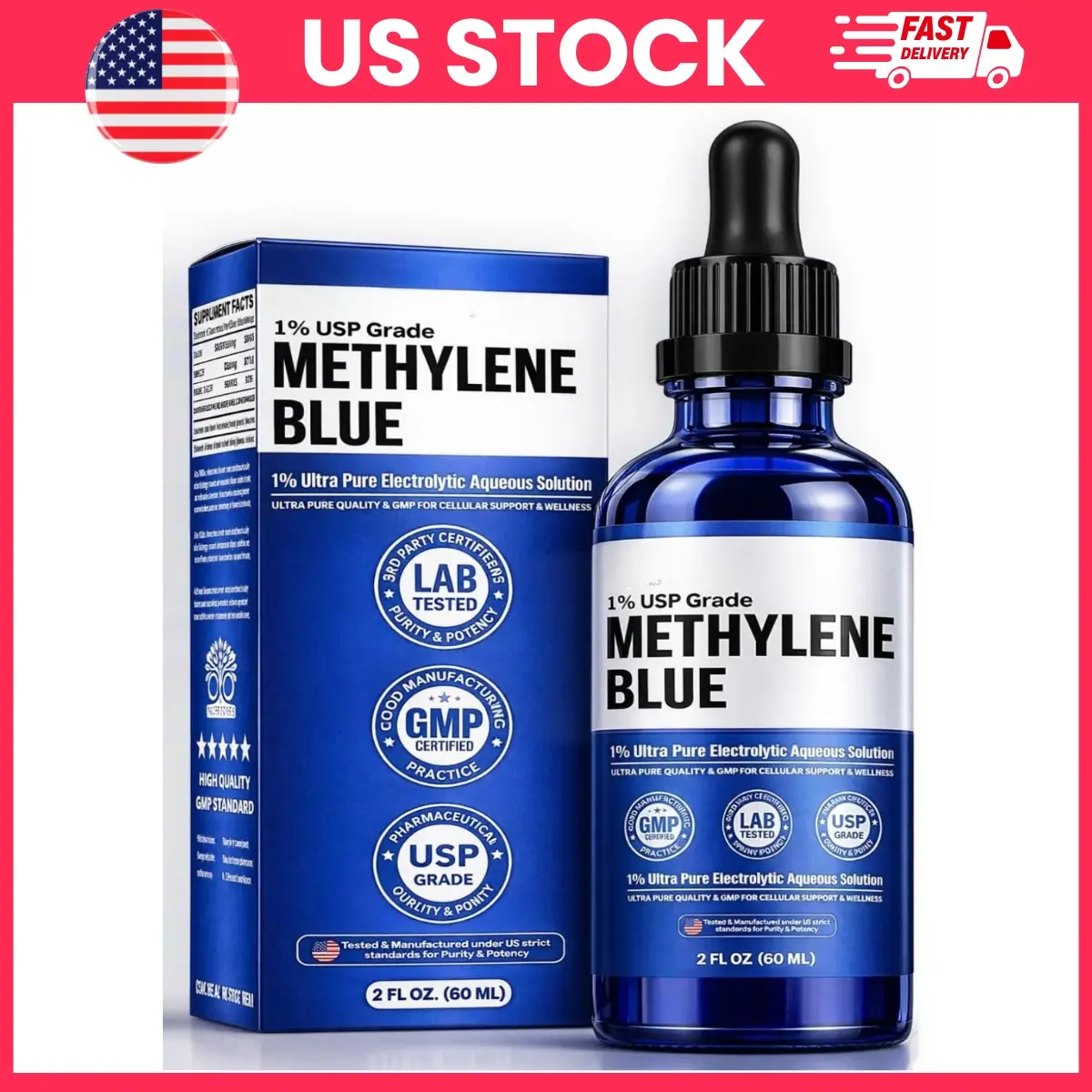 Methylene Blue Drops for Humans – Nootropic Brain & Mitochondria Booster | Pharmaceutical Grade, 99.9% Pure, Third-Party Lab Tested, Biohacking Supplement, Alcohol Free, 1% Solution, 60ml