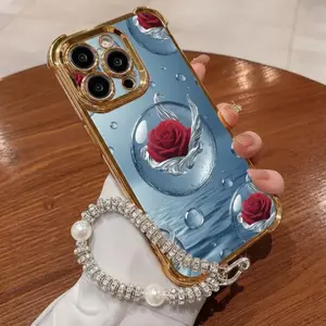 Dreamy Rose Water Beads Suitable for iPhone 17/16/15/14/1314/11 ProMax Comes with a Detachable Pearl Diamond Chain Wristband, Freeing Hands, Anti Loss and Portable, Combining Appearance and Practicality with Phone Case