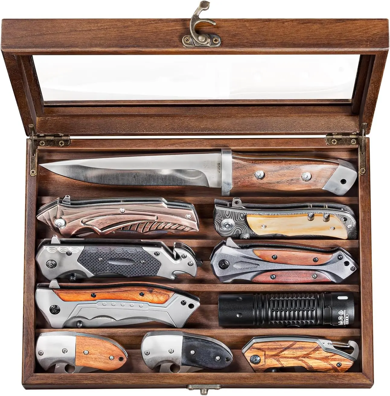 Wooden Knife Display Case, Pocket Knife Organizer for Men's Collection & EDC Gear (Walnut, 1 Pack)