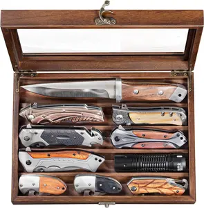 Wooden Knife Display Case, Pocket Knife Organizer for Men's Collection & EDC Gear (Walnut, 1 Pack)