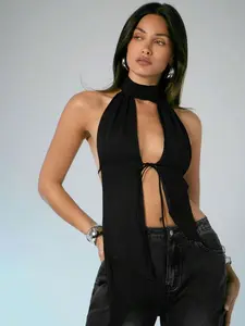 Spring And Summer Solid Open Back Cut Out High Neck Mesh Halter Top, Backless Top, Vacation, Summer, Fashionable, Clubbing, Sexy Tops