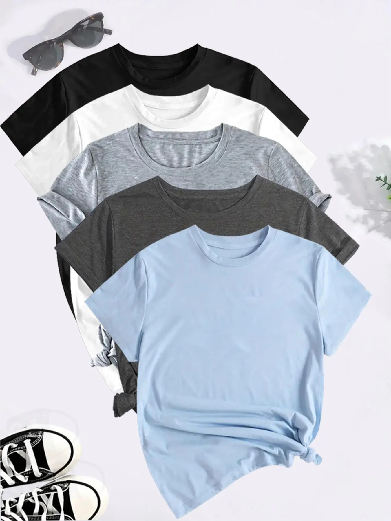 Women's Solid Round Neck Tee, Casual Short Sleeve Crew Neck T-Shirt for Summer, Fashion Simple Women's Top for Daily Wear