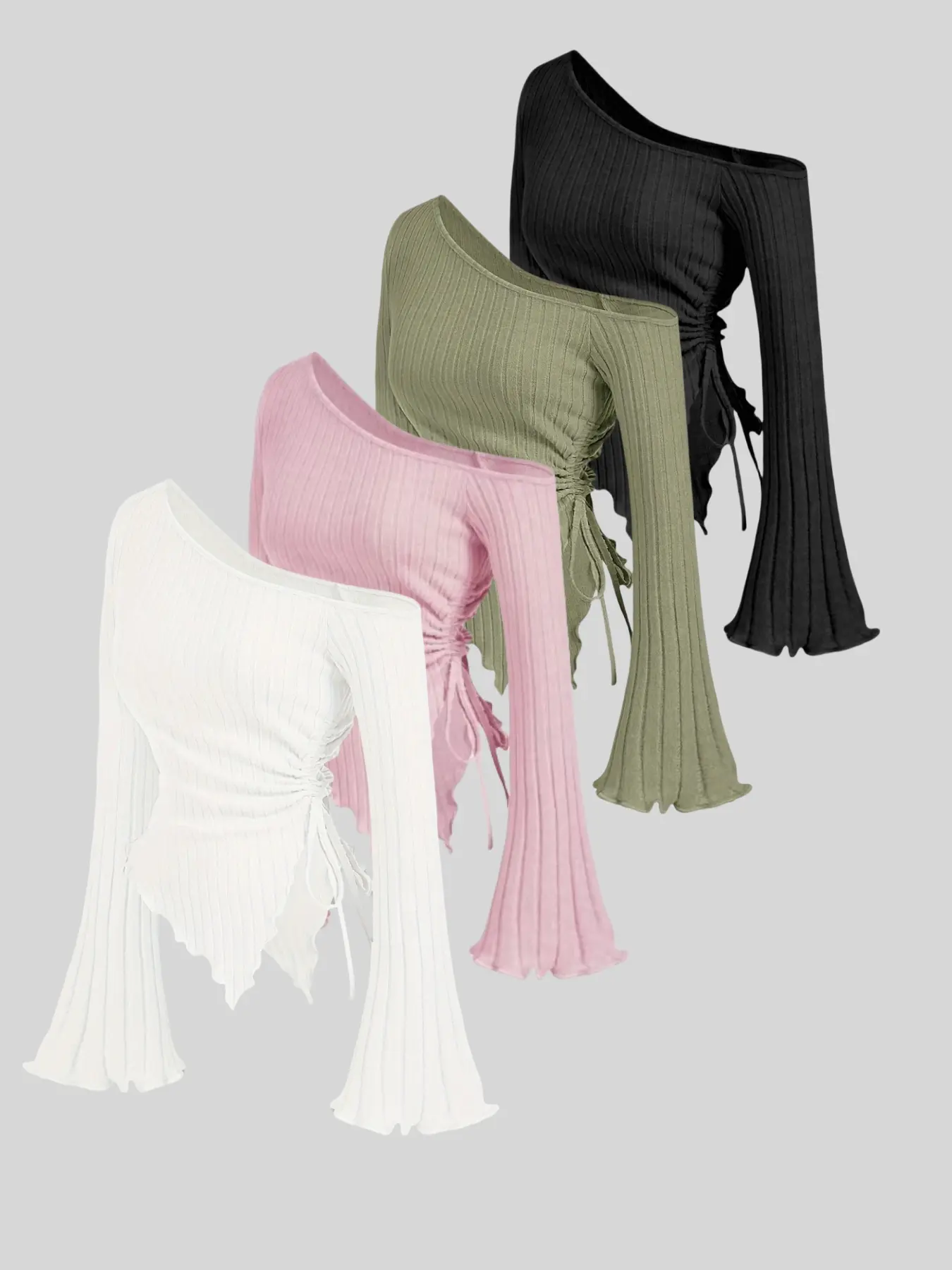 Classic elegant casual autumn and winter hot-selling irregular shoulder long sleeve side drawstring T-shirt 4-piece set combination
