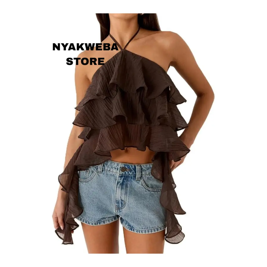 BERNICE BERNADETTE STORE Women Y2K Ruffle Halter Top Layered Asymmetrical Flowy Crop Top Backless Sleeveless Tie Back Summer Beach Streetwear Festival Party Wear Satin Texture Going Out Camisole Tank Top for Women