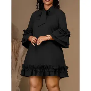 Plus Size Tie Neck Tunic Dress - 3/4 Sleeve, Ruffle Trim, Slight Stretch, Solid Color, Hand Wash Only - Perfect for Wedding, Graduation, Engagement, Party, Holiday, Vacation, Birthday Occasions