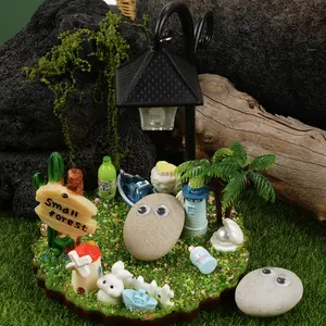 Rocky Pet Seaside Forest Desktop River Stone Pet – Lighted Lantern Clay Miniature with Hat & Bottle, Birthday Gift Decor Plastic Cream