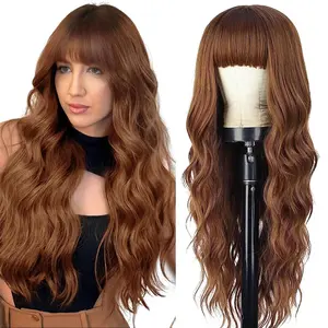 AISI HAIR Auburn Wig with Bangs Long Wavy Ginger Wig Natural Looking Heat Resistant Synthetic Curly Full Wigs for beginners Women Daily Use Highlight Brown Wig,summerwins