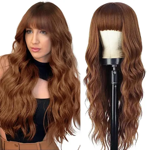 AISI HAIR Auburn Wig with Bangs Long Wavy Ginger Wig Natural Looking Heat Resistant Synthetic Curly Full Wigs for beginners Women Daily Use Highlight Brown Wig