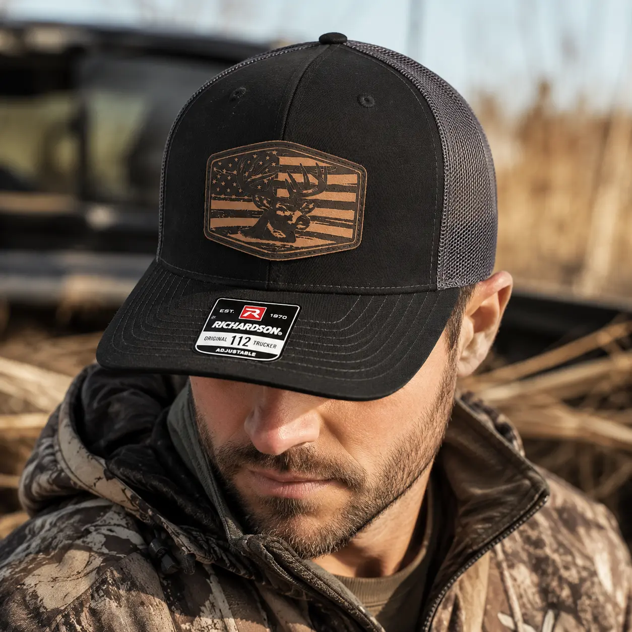 Deer Hunting American Flag Leather Patch Hat, Richardson 112 Mesh Trucker Cap, Patriotic Hunter Gift For Him