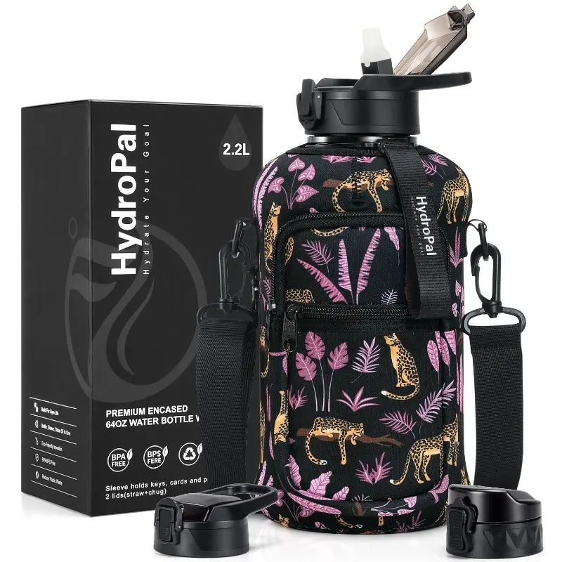 HydroPal 2.2L Water Bottle with 2 Lids - Straw & Chug Lid, Storage Sleeve &  Carry Strap - BPA-Free Large Sports Water Jug for Gym, Hiking & Workouts  #Summervibes - TikTok Shop