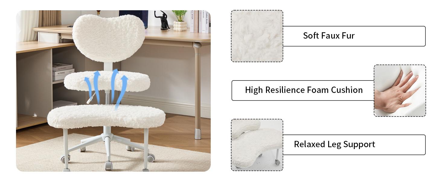 Cream Cross Legged Office Chair with Wheels–360°Swivel Meditation Chair, Adjustable Height Yoga Office Chair for Adults, Ergonomic Kneeling Chair with Back Support for ADHD, Faux Fur,