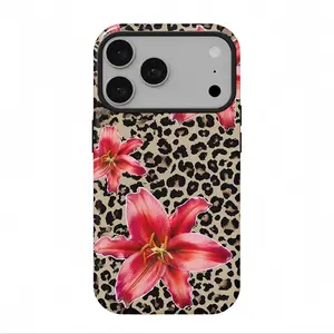 Leopard print lily phone case, suitable for iPhone17 ProMax, 16Pro, 15, 14, 13, 12, double-layer protective case, smartphone case