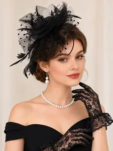 women Tea Party Fascinators Hats Lace Gloves Pearl Necklace Set for Wedding 1920s Vintage Tea Party Accessories Costume Jewelry Sets
