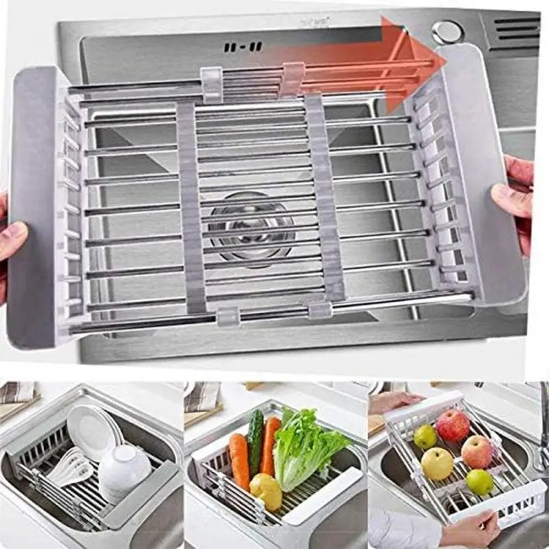 Square Shape Stainless Steel Over-Sink Holder, Stretchable Adjustable Extendable Brackets Space Saver Dish Drying Organizer with Water Draining Tray for Tableware & Fruit, Kitchen Storage Accessory