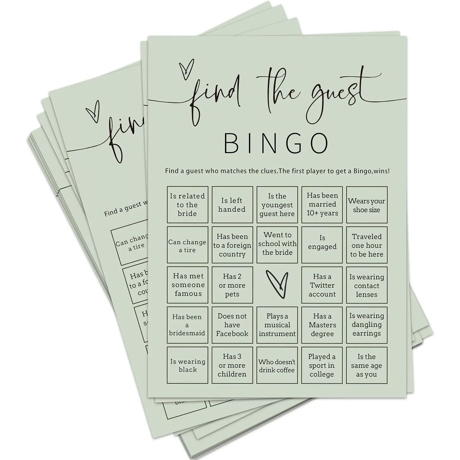 Bridal Shower , Find The Guest  Icebreaker, 25 count Different Minimalist Sage Green Bridal  Cards, Fun Wedding Shower  for Guests, Engagement Bachelorette Party Supplies