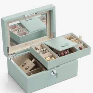 Green Jewelry Box with Double-Layer Large Capacity, Velvet Lining, Multicolor Design, Perfect for Travel Gift Organiser