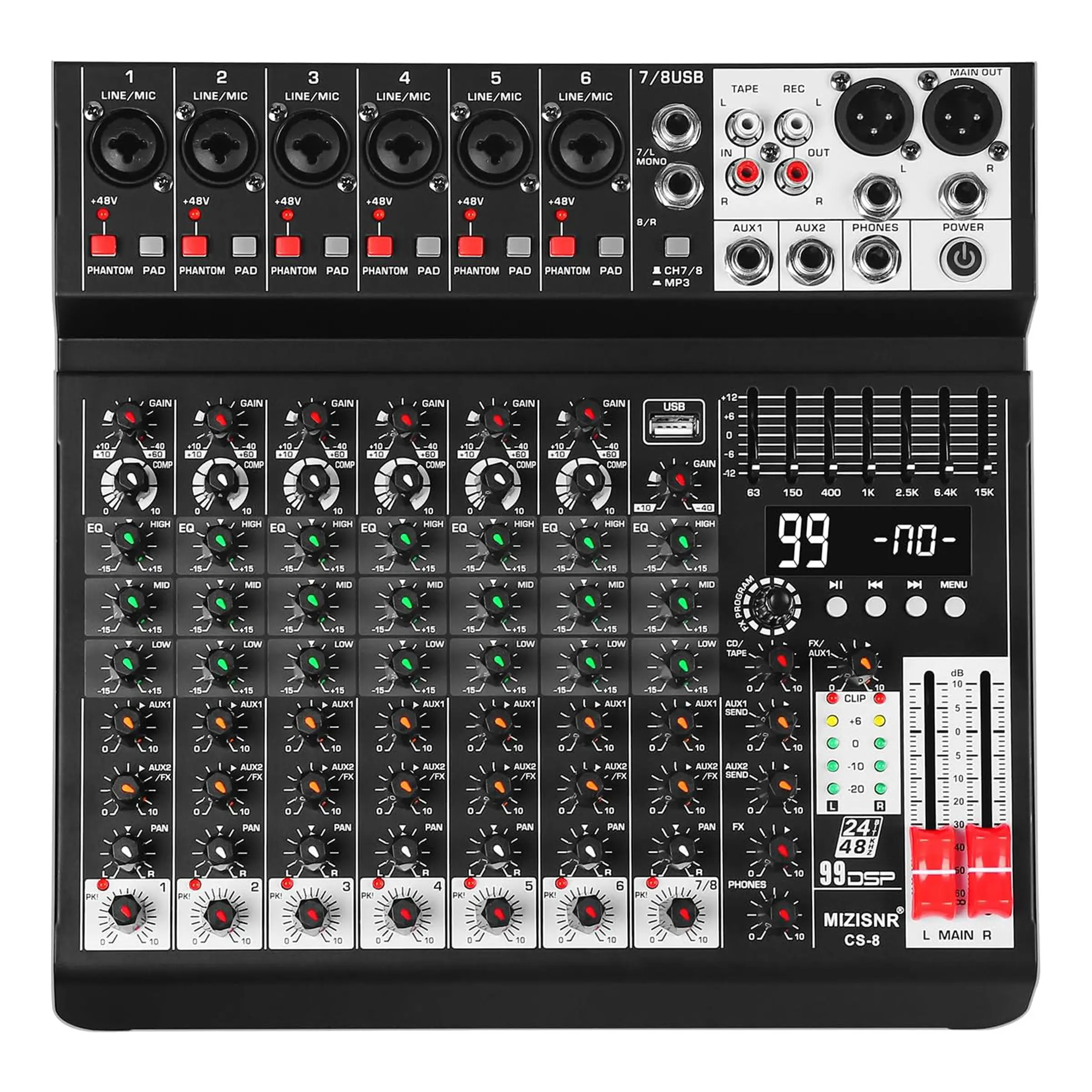 Audio Mixer 8 Channel Sound Mixer Console, Professional Music Mixing Board DJ Mixer w/ 99 DSP, 7-band EQ, USB, Bluetooth, 48V Phantom Power & PAD Function for Recording PA Live Live Streaming
