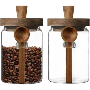 Set of 2 Glass  Storage Jars with   Lid and Spoon, 20.3oz Glass Kitchen Canisters for Coffee, , Cereal,  and Canning, Mason Jars, Cute Jars