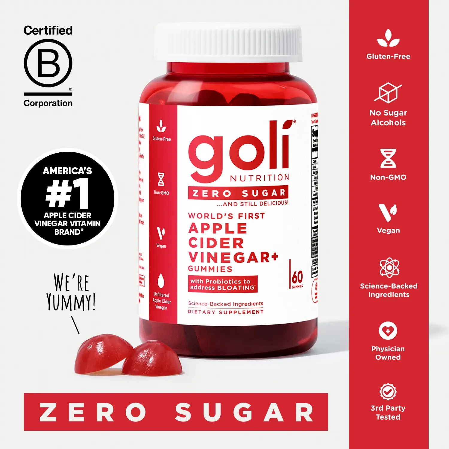 Goli Zero Sugar World's First Apple Cider Vinegar Gummies - Vitamin B12, Probiotics to Address Bloating. Vegan, Plant Based, Non-GMO, Gluten-Free & Ge