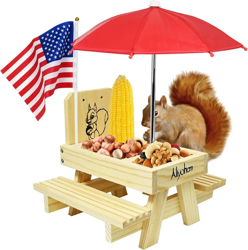 Upgraded Squirrel Feeder for Outside Picnic Table with Umbrella and Flag, Corn Cob Holder & Peanuts Seeds Loader, Gift for Squirrel and Chipmunk Lovers, Garden Ornaments, Squirrel House
