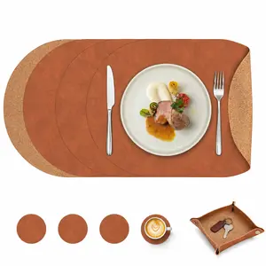 Promattoo Faux Leather Oval Placemats Set of 6/8 - Cork Look Backing Waterproof Heat Resistant with Coasters Tray Gift Box