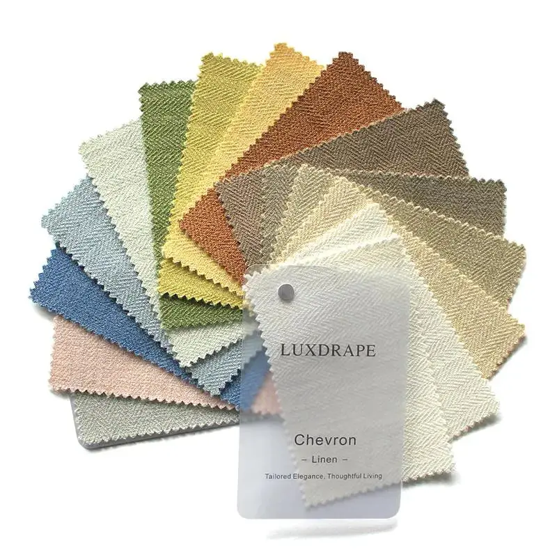 LUXDRAPE Premium Natural Linen Fabric Swatches - 15 Color Samples, Modern Chevron-Herringbone Geometric Design, Breathable Texture, Luxurious Textile, Compact 1-Kit Booklet, for Custom Curtains Window Treatments, Adds Subtle Luxury