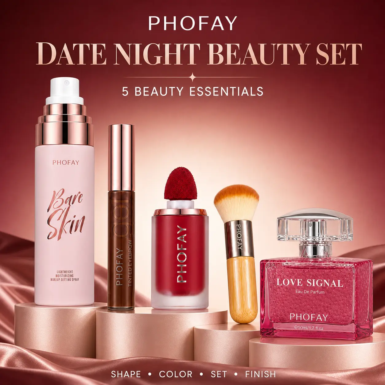 PHOFAY 5-Piece Date Night Beauty Set Perfect Valentine Gift, Waterproof Tinted Brow Gel, Matte Liquid Blush with Brush, Moisturizing Setting Spray & Alcohol-Free Perfume daily glam high-shine lip gloss buildable matte finish
