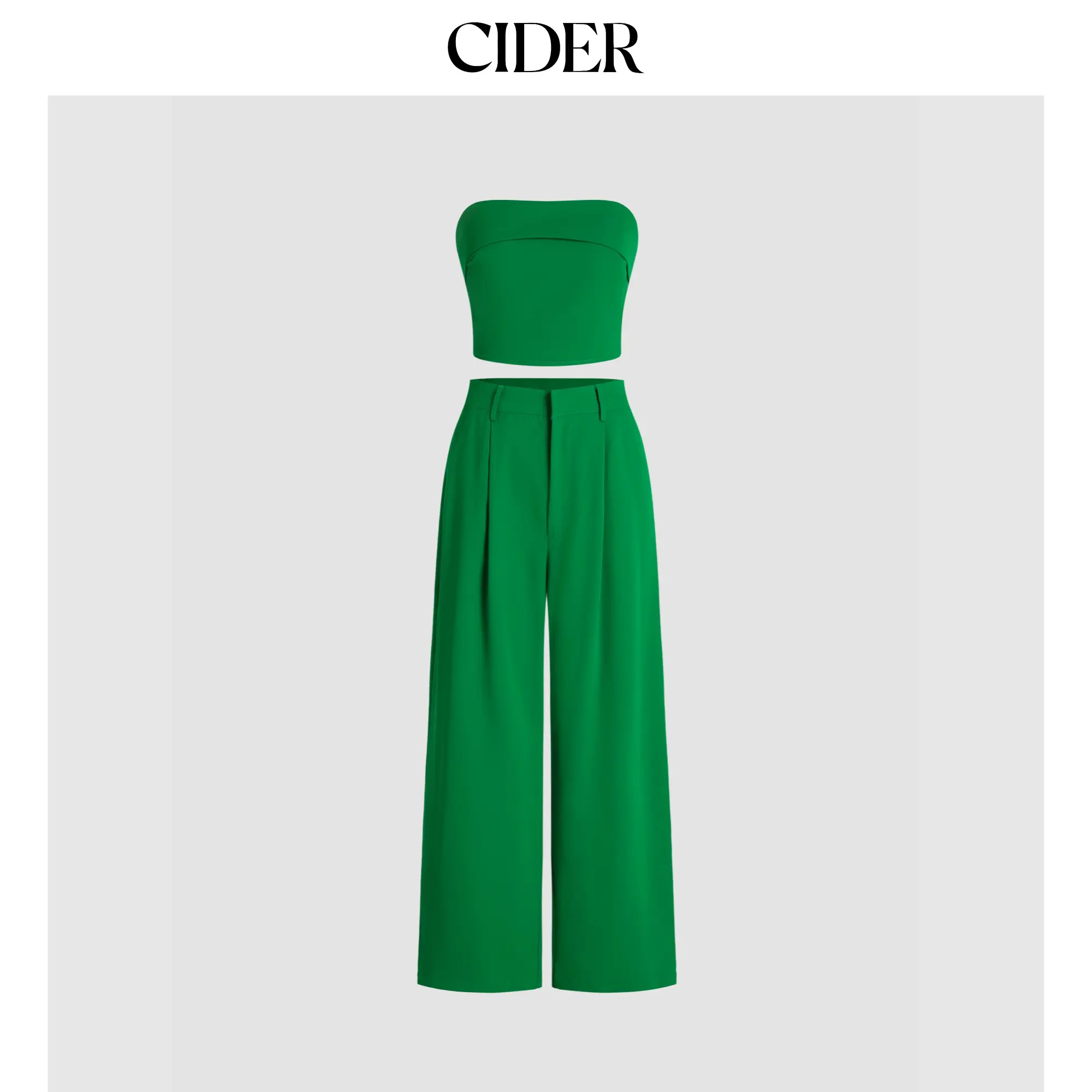 Cider Solid Shirred Tube Top & High Waist Pants Set