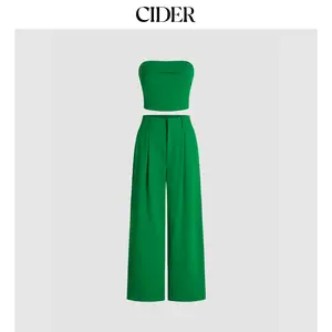 Cider Solid Shirred Tube Top & High Waist Pants Set