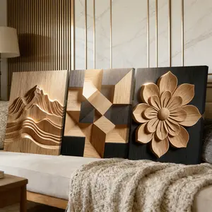 3 Counts Wooden Framed Canvas Painting, Natural Wood Relief Mountain Flower Geometric Images, Exquisite Poster, Perfect Gift, Decor For Living Room, Bedthroom, Modern Art, Fashion Family Poster, Wall Art Decoration