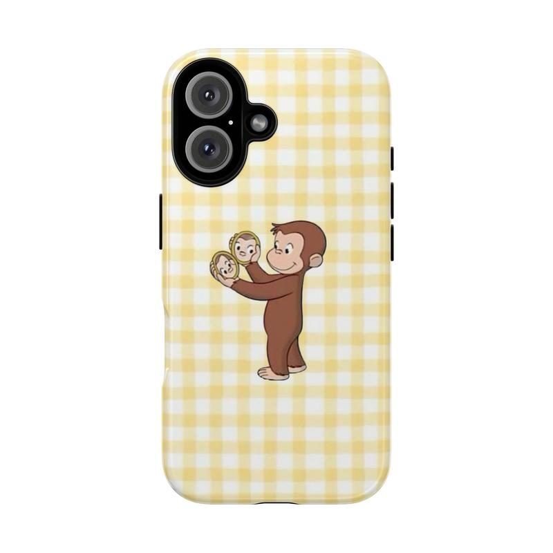 Curious Georgee Tough Phone Case, Cute Yellow Gingham Cartoon Protective Cover for iPhone and Samsung, gift