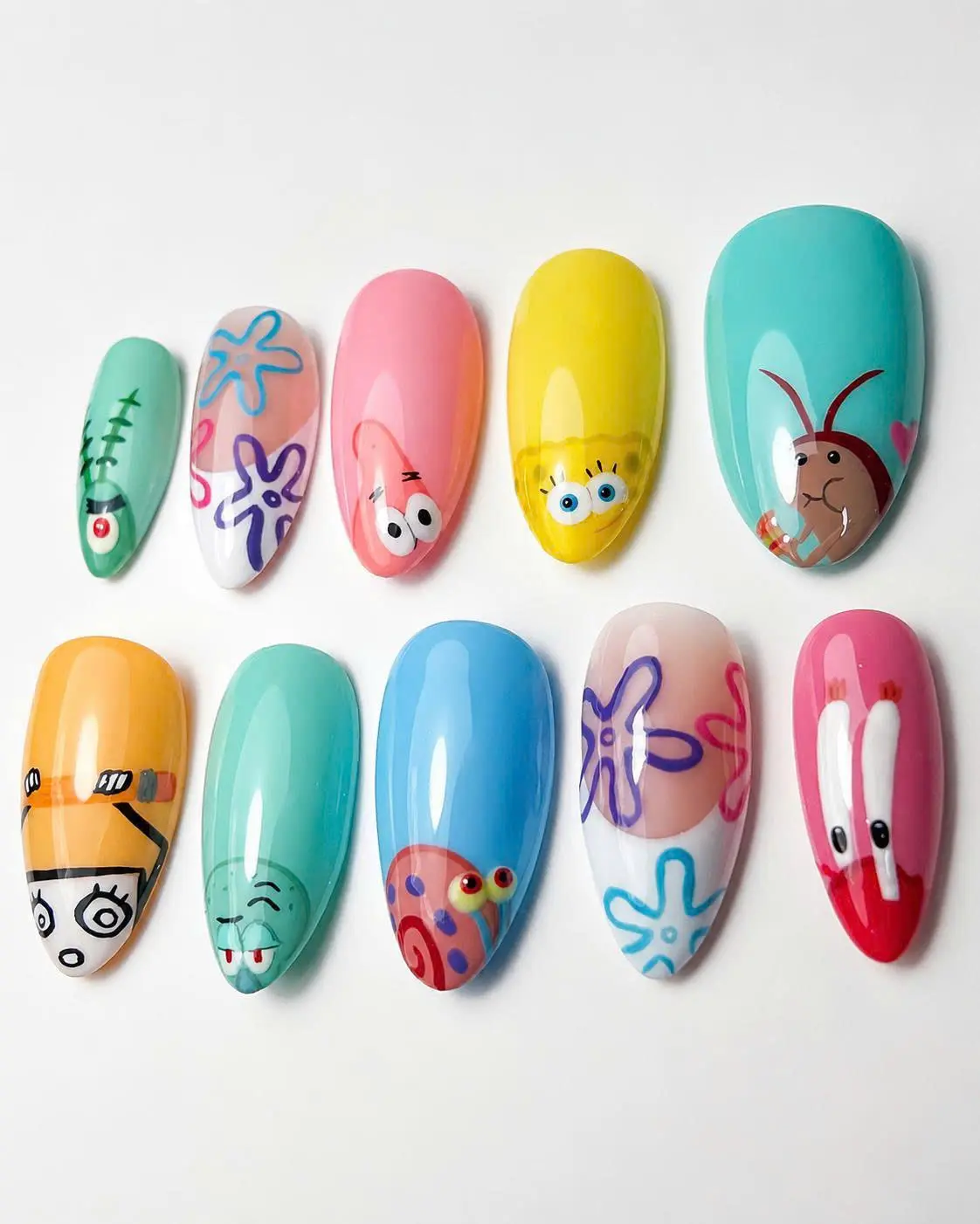 Planktoned Cartoonem Press-On Nails | Teal Striped SpongeBob-Inspired Nail Art | FREE Adhesive Tabs FREE Nail File FREE Cuticle Stick