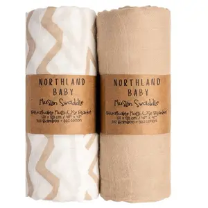 Northland Baby Muslin Swaddle Blanket 47x47 Tan & White Breathable Multi-Use Blanket for Newborns 70% Bamboo 30% Cotton