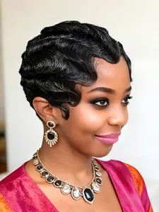 Natural Color 99J 4# Short Ocean Wave Wig Pixie Cut Wigs Finger Wave Wig Human Hair Wig Machine Made For Women