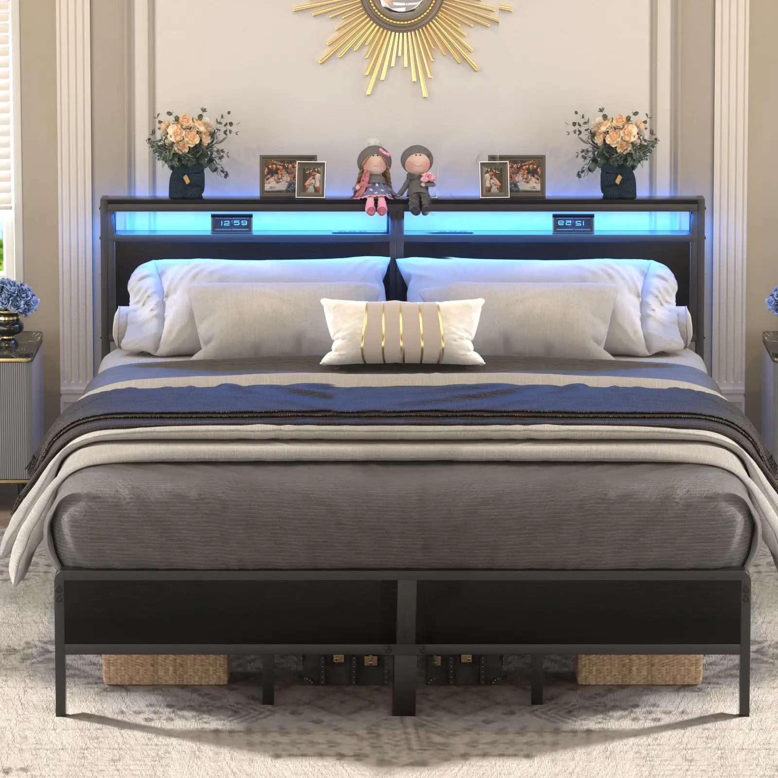 Cyclysio King/Queen/Full Size Bed Frame with Charging Station &LED Lights, Industrial Metal Platform Bed with Storage Headboard, Steel Slat Support be