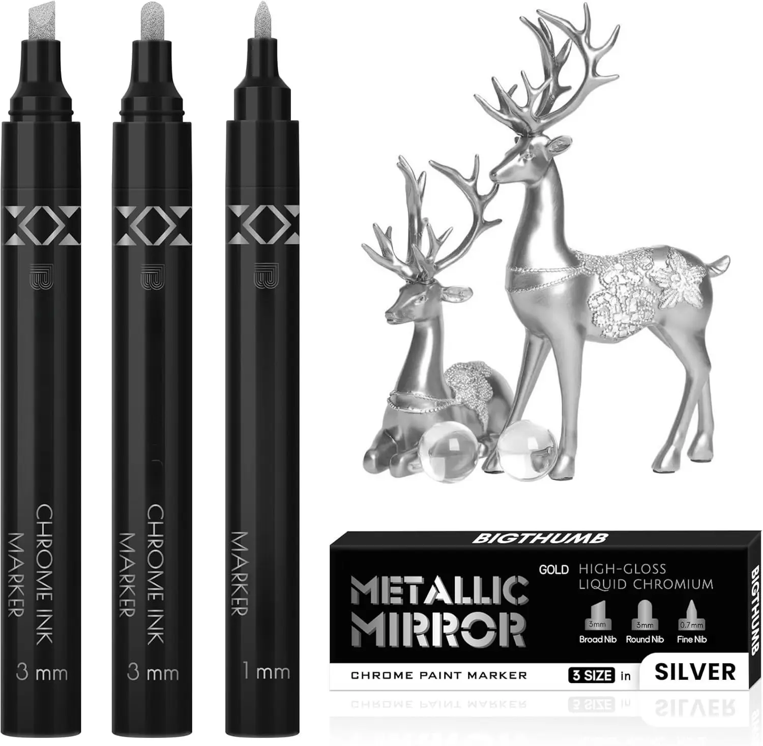3 count Liquid Chrome  Markers, Gloss Mirror Marker, Oil-based Permanent Chrome Maker, Reflective Metallic Pen Markers for Repairing, Model Painting DIY Art Projects,
