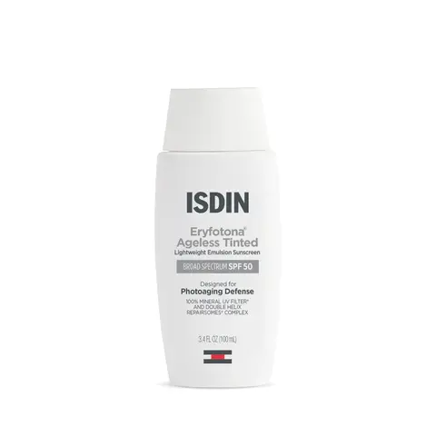 TINTED - ISDIN Eryfotona Ageless Tinted Mineral Facial Sunscreen SPF 50 for Adults - Peptide-Infused, Antioxidant-Rich Sun Care Cream with DNA Repairsomes for Skin Repair & Photoaging Defense (Flawless for All Skin Types)