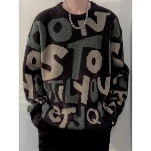 Men's Loose Letters Graphic Print Knitted Pullover, Casual Long Sleeve Crew NeckSweater For Fall Winter Fabric Knitwear