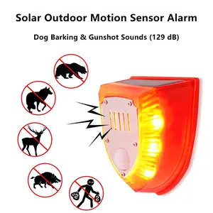 Solar Outdoor Motion Sensor Alarm Dog Barking & Gunshot Sounds (129 dB) Strobe Light Warning Lamp with USB for Home, Villa, Farm, Barn, Yard